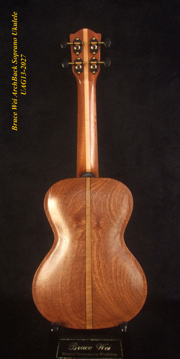 Handcrafted Soprano Ukulele Hawaiian Koa & Mahogany Archback , Floral inlay, Soundhole, Soft-bag, Bruce Wei UAG13-2027