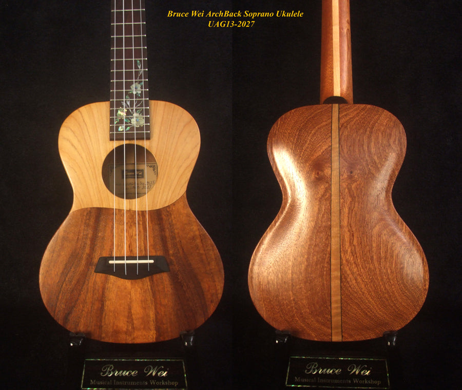 Handcrafted Soprano Ukulele Hawaiian Koa & Mahogany Archback , Floral inlay, Soundhole, Soft-bag, Bruce Wei UAG13-2027