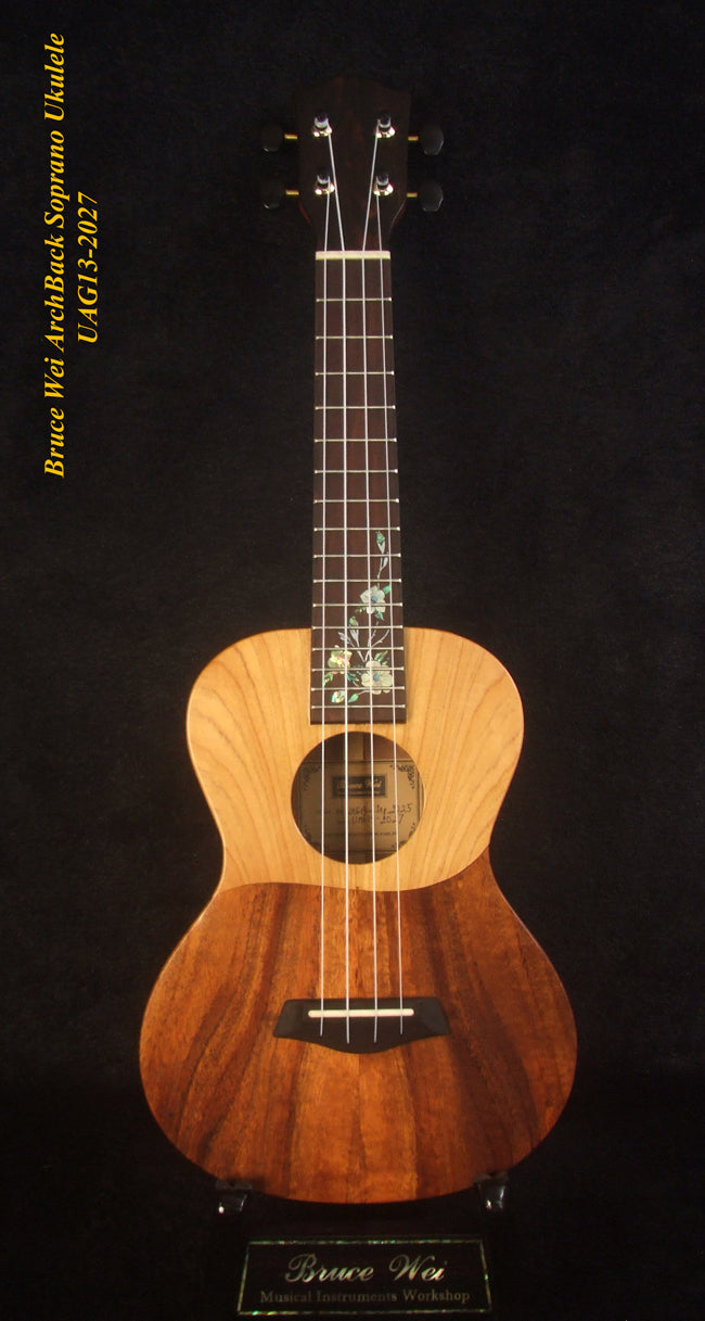 Handcrafted Soprano Ukulele Hawaiian Koa & Mahogany Archback , Floral inlay, Soundhole, Soft-bag, Bruce Wei UAG13-2027