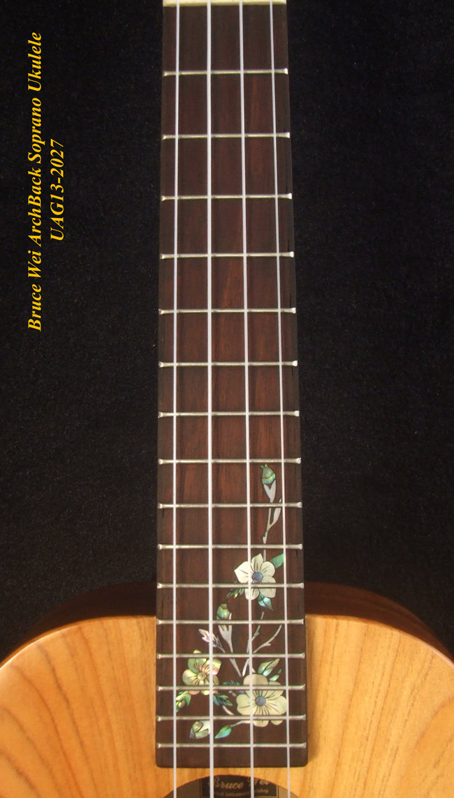Handcrafted Soprano Ukulele Hawaiian Koa & Mahogany Archback , Floral inlay, Soundhole, Soft-bag, Bruce Wei UAG13-2027