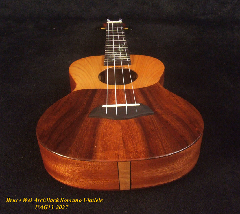 Handcrafted Soprano Ukulele Hawaiian Koa & Mahogany Archback , Floral inlay, Soundhole, Soft-bag, Bruce Wei UAG13-2027