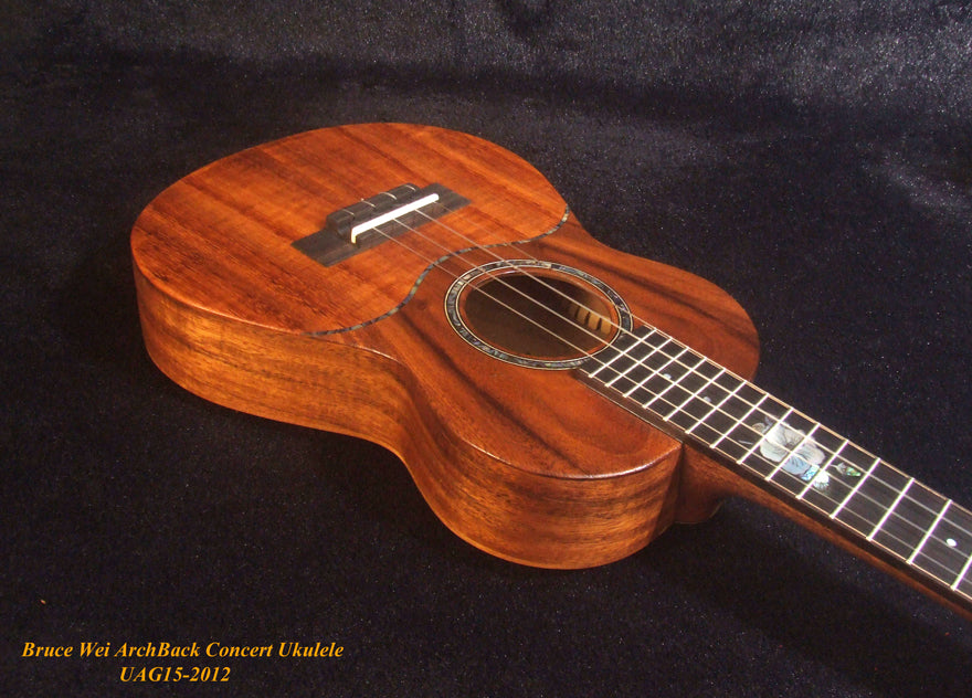 Handmade Solid Carved ArchBack Hawaiian Koa, Acacia Concert Ukulele, Hibiscus Inlay, Curved Head, Soft-bag, Bruce Wei UAG15-2012