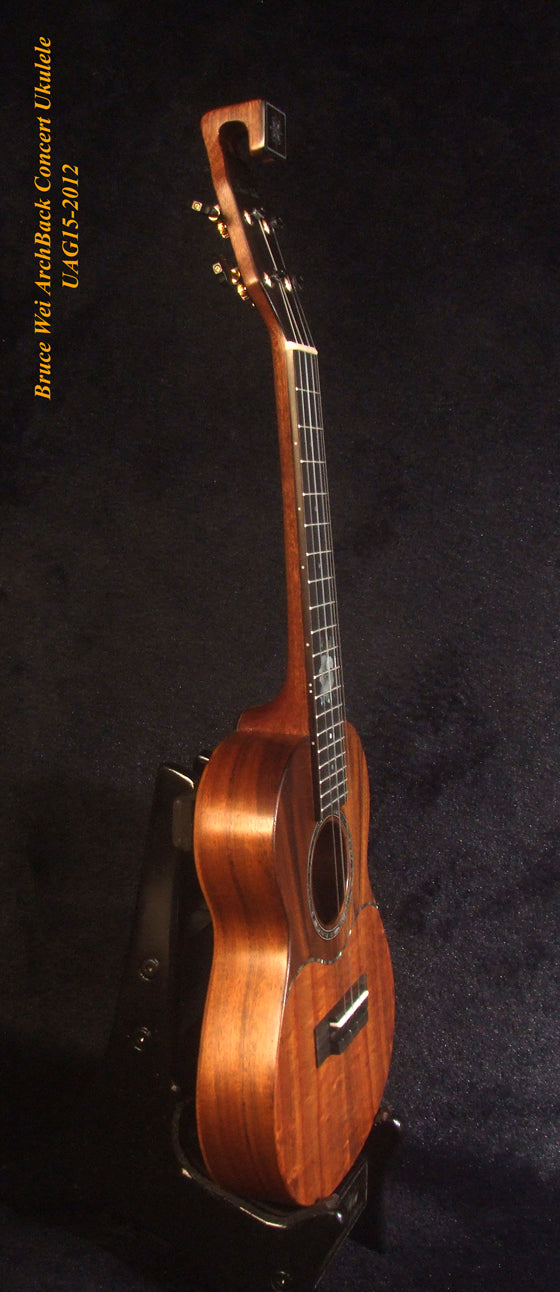 Handmade Solid Carved ArchBack Hawaiian Koa, Acacia Concert Ukulele, Hibiscus Inlay, Curved Head, Soft-bag, Bruce Wei UAG15-2012