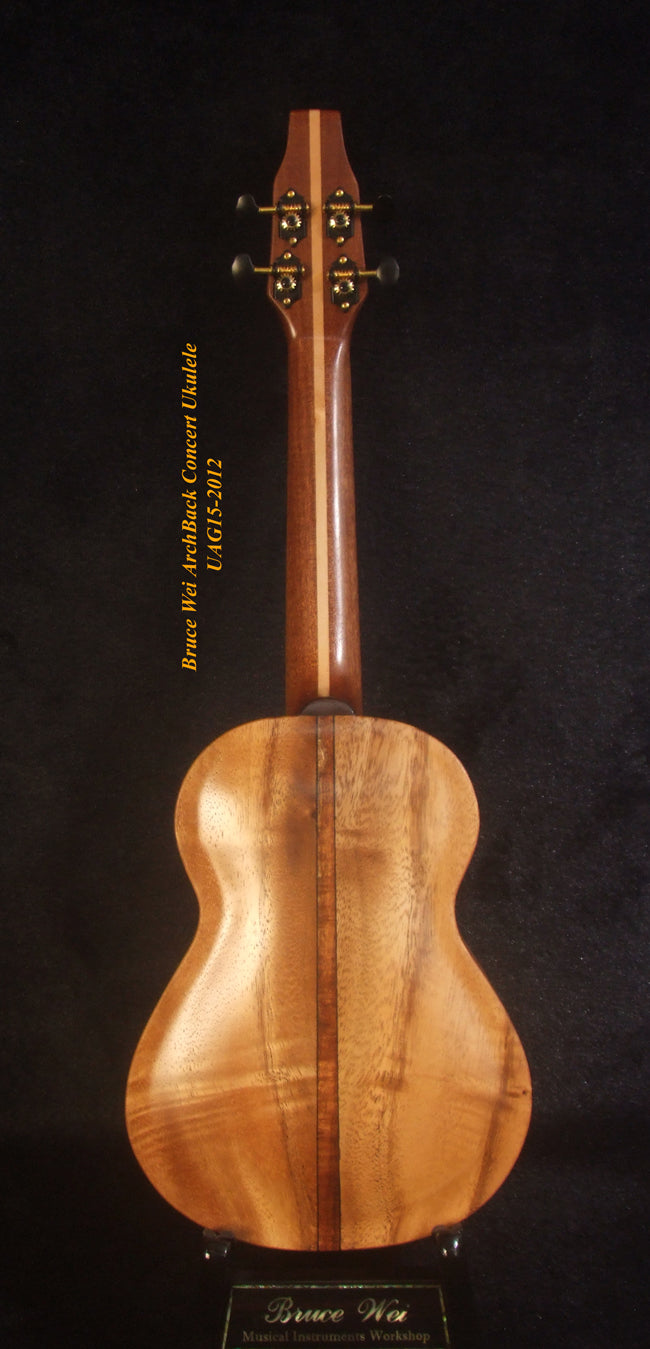 Handmade Solid Carved ArchBack Hawaiian Koa, Acacia Concert Ukulele, Hibiscus Inlay, Curved Head, Soft-bag, Bruce Wei UAG15-2012