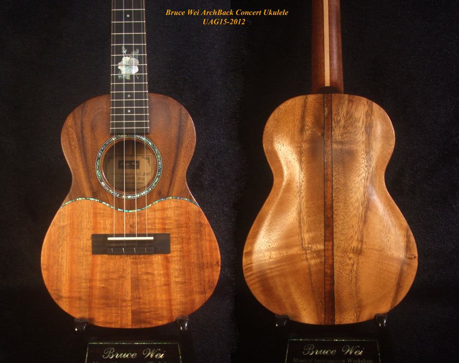 Handmade Solid Carved ArchBack Hawaiian Koa, Acacia Concert Ukulele, Hibiscus Inlay, Curved Head, Soft-bag, Bruce Wei UAG15-2012