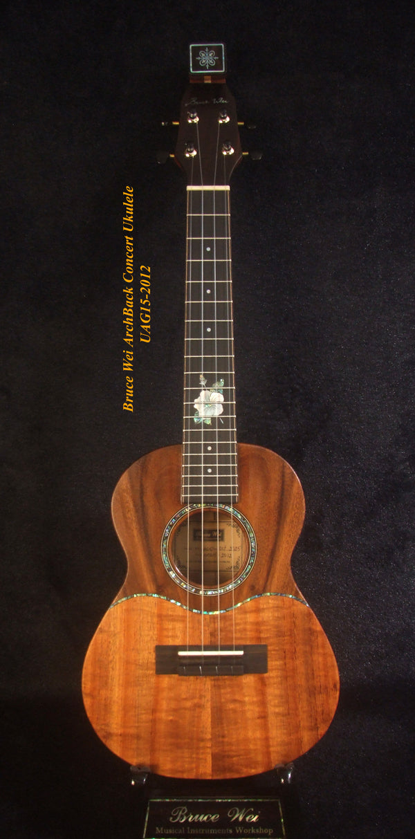 Handmade Solid Carved ArchBack Hawaiian Koa, Acacia Concert Ukulele, Hibiscus Inlay, Curved Head, Soft-bag, Bruce Wei UAG15-2012