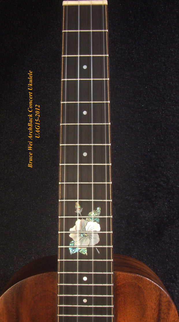 Handmade Solid Carved ArchBack Hawaiian Koa, Acacia Concert Ukulele, Hibiscus Inlay, Curved Head, Soft-bag, Bruce Wei UAG15-2012