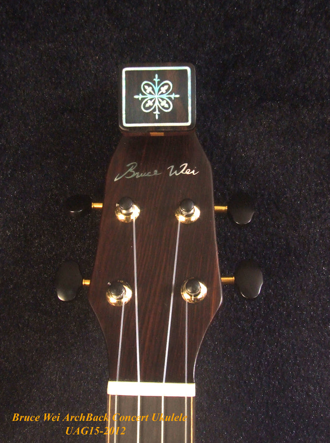 Handmade Solid Carved ArchBack Hawaiian Koa, Acacia Concert Ukulele, Hibiscus Inlay, Curved Head, Soft-bag, Bruce Wei UAG15-2012