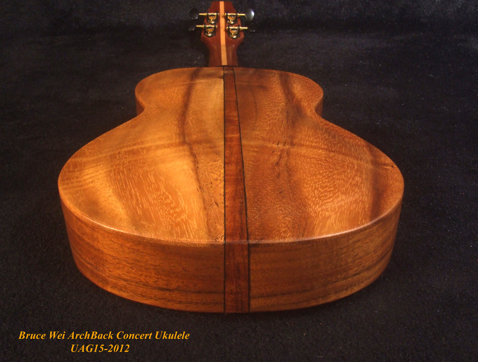 Handmade Solid Carved ArchBack Hawaiian Koa, Acacia Concert Ukulele, Hibiscus Inlay, Curved Head, Soft-bag, Bruce Wei UAG15-2012
