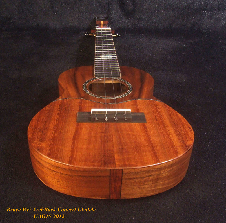 Handmade Solid Carved ArchBack Hawaiian Koa, Acacia Concert Ukulele, Hibiscus Inlay, Curved Head, Soft-bag, Bruce Wei UAG15-2012