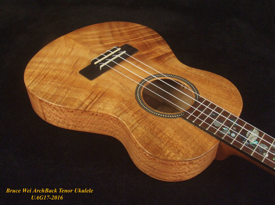 Handmade Tenor Ukulele, Solid Curly Hawaiian Koa, Curly Maple Arch-Back, MOP Floral Inlay, Bruce Wei UAG17-2016