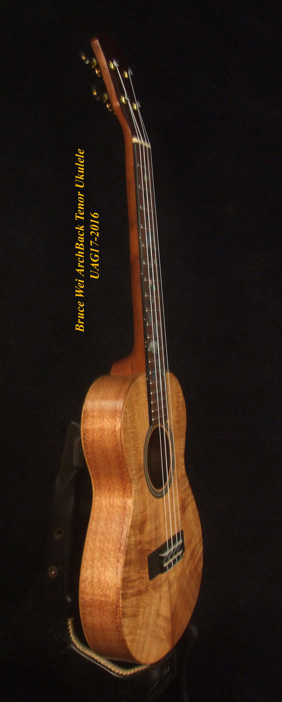 Handmade Tenor Ukulele, Solid Curly Hawaiian Koa, Curly Maple Arch-Back, MOP Floral Inlay, Bruce Wei UAG17-2016