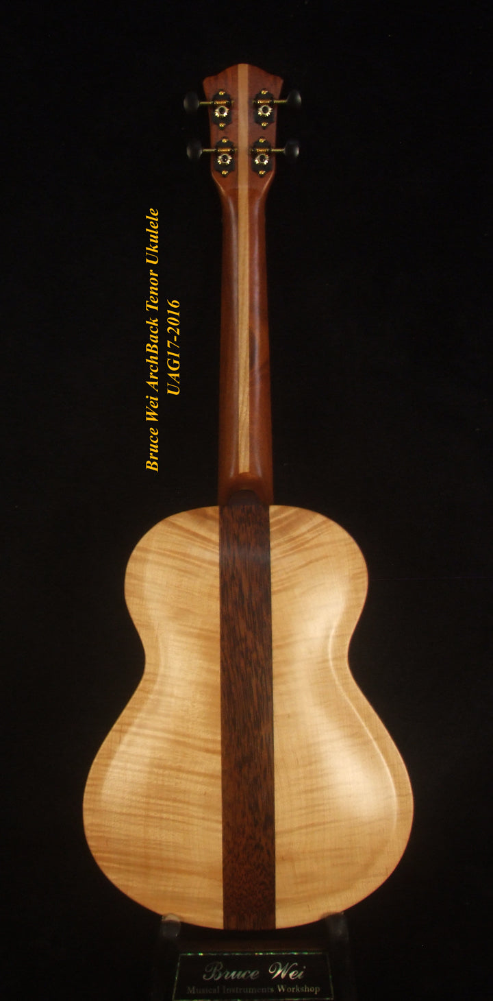 Handmade Tenor Ukulele, Solid Curly Hawaiian Koa, Curly Maple Arch-Back, MOP Floral Inlay, Bruce Wei UAG17-2016