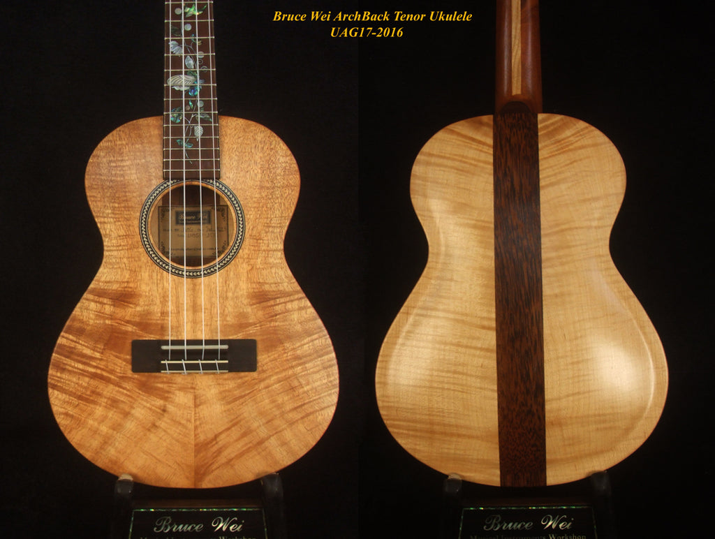 Handmade Tenor Ukulele, Solid Curly Hawaiian Koa, Curly Maple Arch-Back, MOP Floral Inlay, Bruce Wei UAG17-2016
