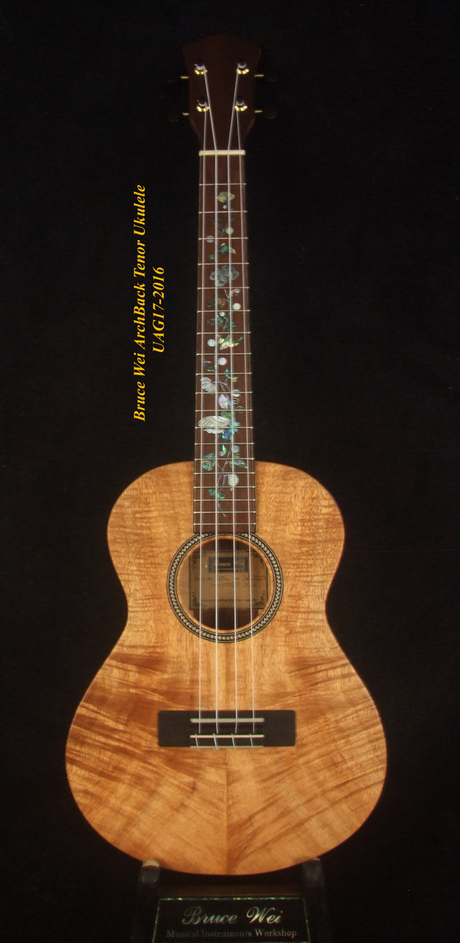 Handmade Tenor Ukulele, Solid Curly Hawaiian Koa, Curly Maple Arch-Back, MOP Floral Inlay, Bruce Wei UAG17-2016
