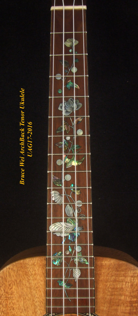 Handmade Tenor Ukulele, Solid Curly Hawaiian Koa, Curly Maple Arch-Back, MOP Floral Inlay, Bruce Wei UAG17-2016