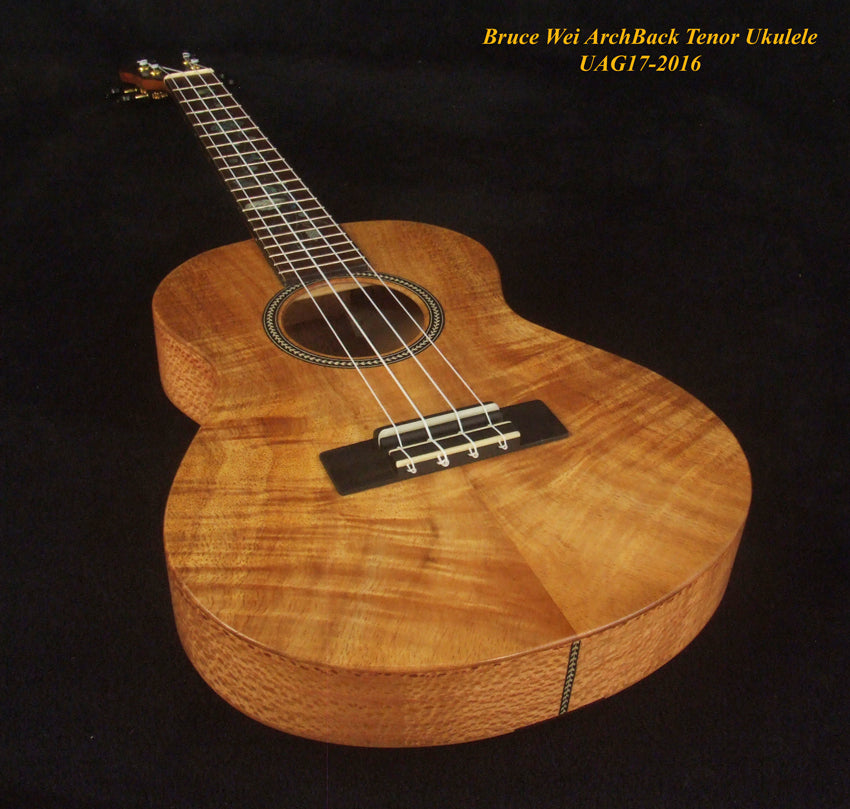 Handmade Tenor Ukulele, Solid Curly Hawaiian Koa, Curly Maple Arch-Back, MOP Floral Inlay, Bruce Wei UAG17-2016