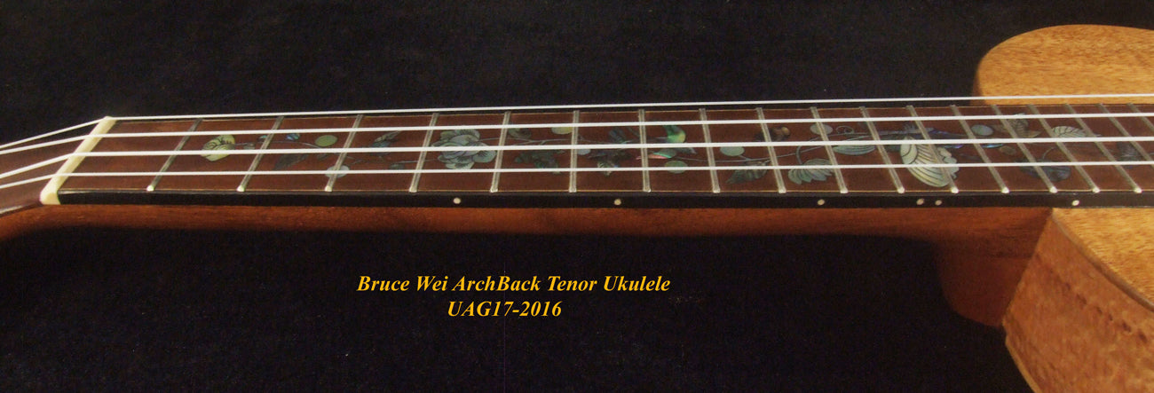 Handmade Tenor Ukulele, Solid Curly Hawaiian Koa, Curly Maple Arch-Back, MOP Floral Inlay, Bruce Wei UAG17-2016