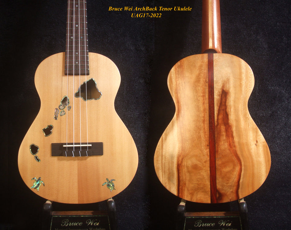 Handmade Tenor Ukulele, Solid Spruce, Taiwania Arch-Back, The Islands Soundhole Abalone inlay, Soft-bag, Bruce Wei UAG17-2022