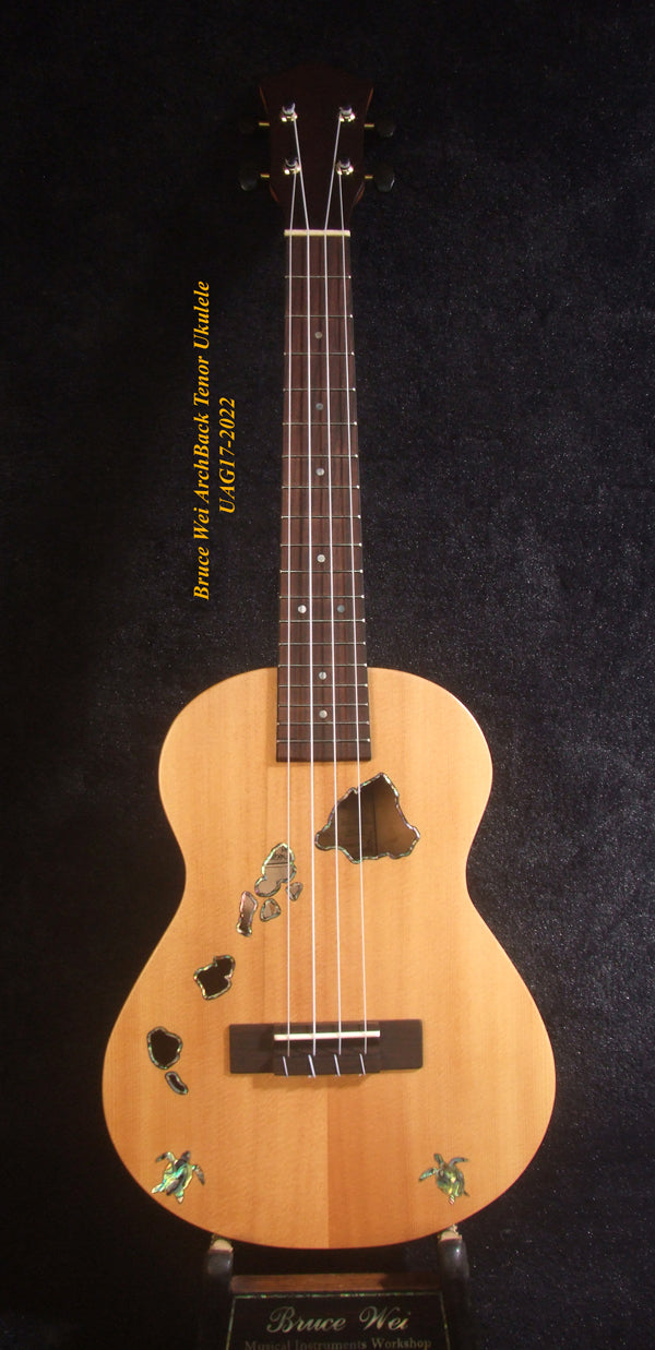 Handmade Tenor Ukulele, Solid Spruce, Taiwania Arch-Back, The Islands Soundhole Abalone inlay, Soft-bag, Bruce Wei UAG17-2022