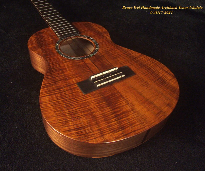 Handmade Solid Curly Hawaiian Koa Tenor Ukulele, Maple & Walnut Arch-Back, Abalone Inlay, Bruce Wei UAG17-2024-1