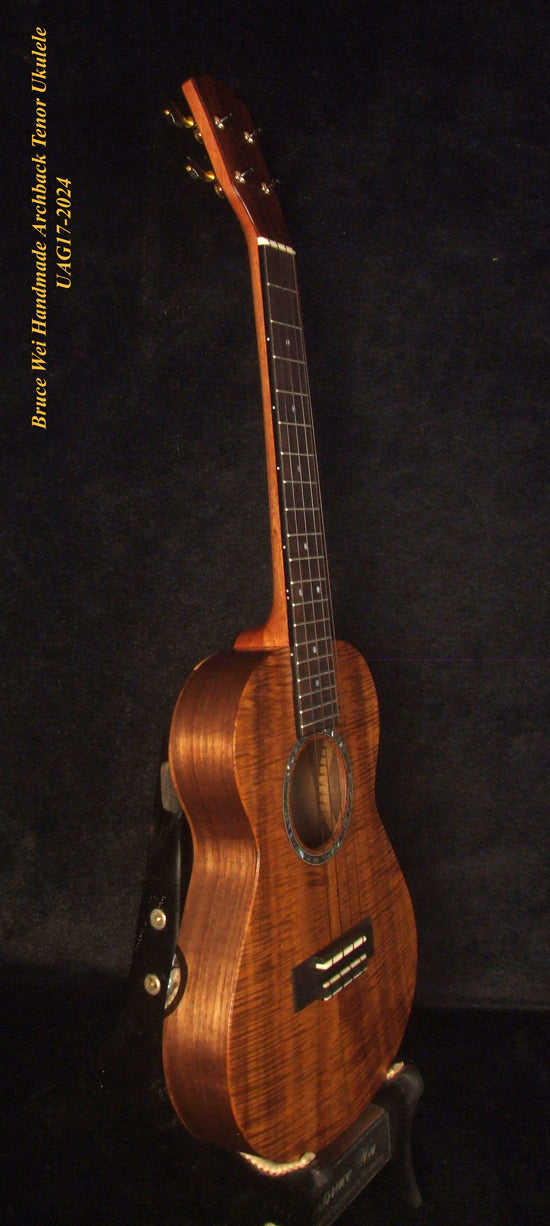 Handmade Solid Curly Hawaiian Koa Tenor Ukulele, Maple & Walnut Arch-Back, Abalone Inlay, Bruce Wei UAG17-2024-1