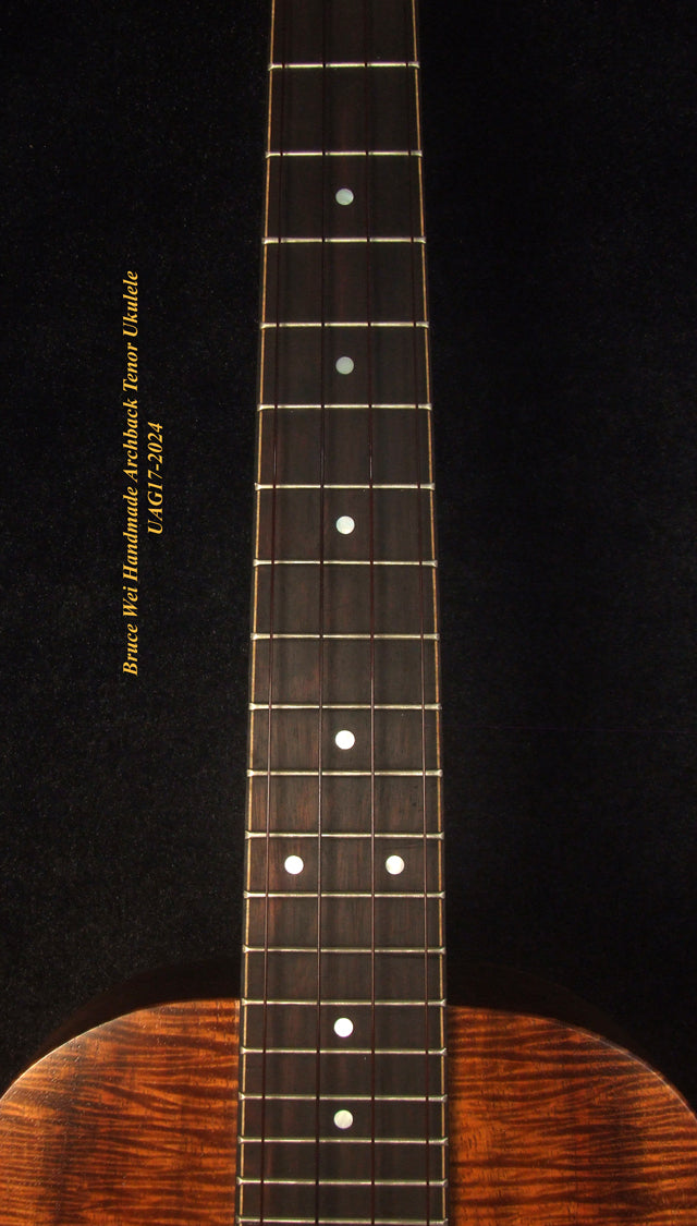 Handmade Solid Curly Hawaiian Koa Tenor Ukulele, Maple & Walnut Arch-Back, Abalone Inlay, Bruce Wei UAG17-2024-1