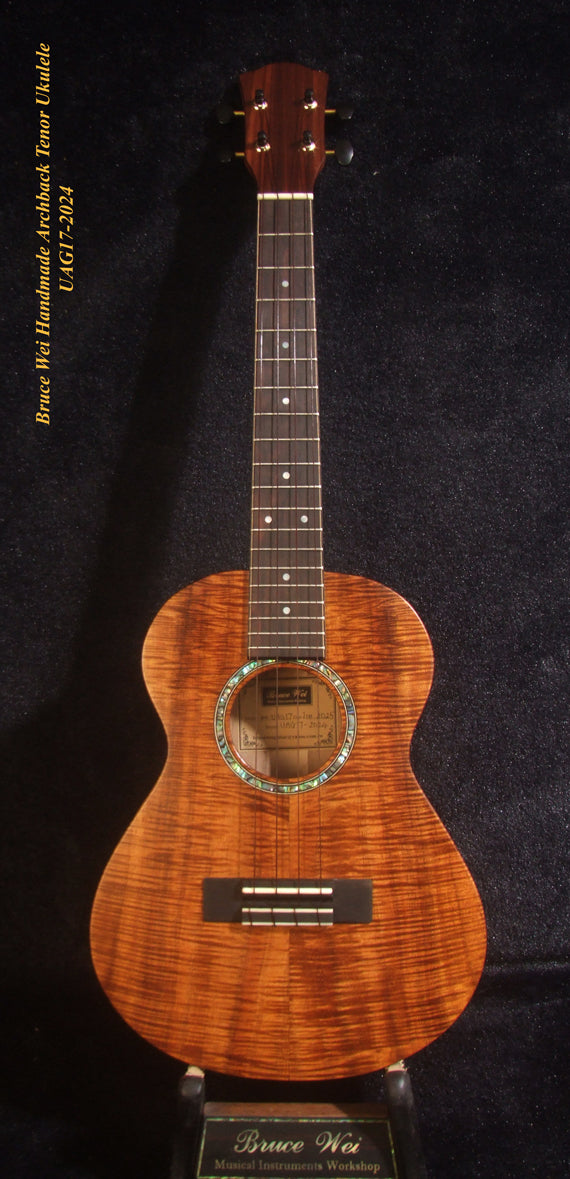 Handmade Solid Curly Hawaiian Koa Tenor Ukulele, Maple & Walnut Arch-Back, Abalone Inlay, Bruce Wei UAG17-2024-1
