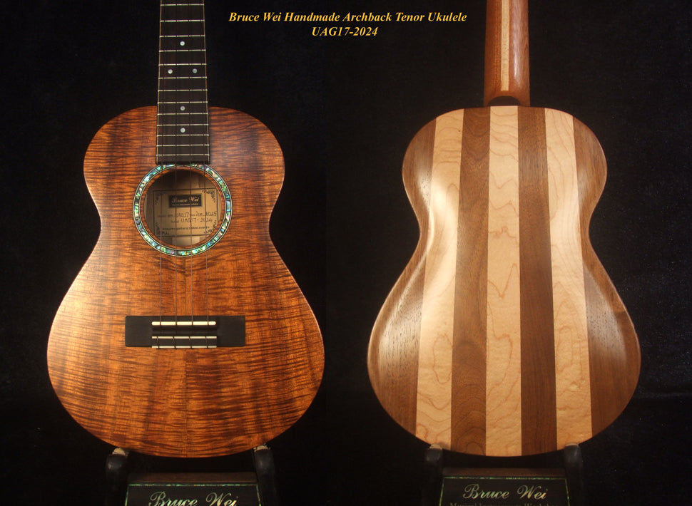 Handmade Solid Curly Hawaiian Koa Tenor Ukulele, Maple & Walnut Arch-Back, Abalone Inlay, Bruce Wei UAG17-2024-1