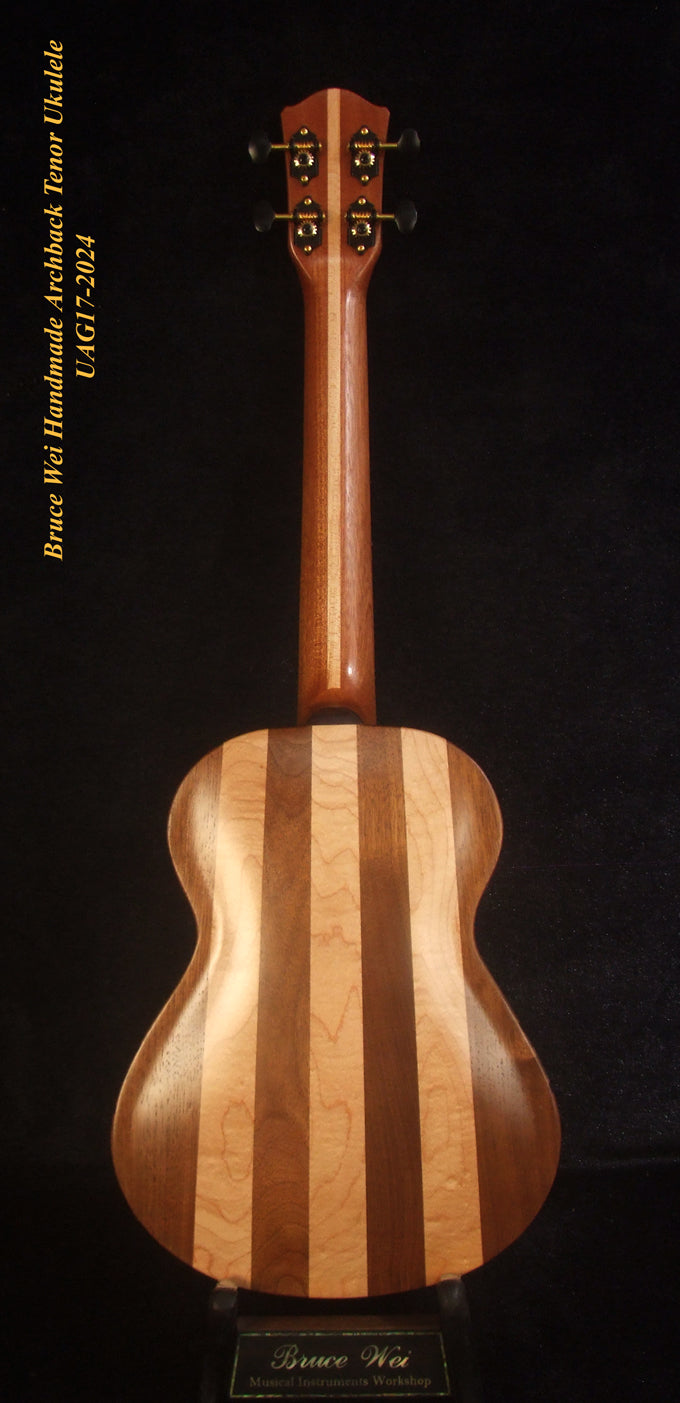 Handmade Solid Curly Hawaiian Koa Tenor Ukulele, Maple & Walnut Arch-Back, Abalone Inlay, Bruce Wei UAG17-2024-1