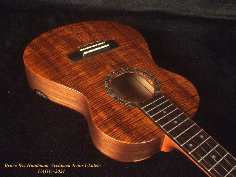 Handmade Solid Curly Hawaiian Koa Tenor Ukulele, Maple & Walnut Arch-Back, Abalone Inlay, Bruce Wei UAG17-2024-1
