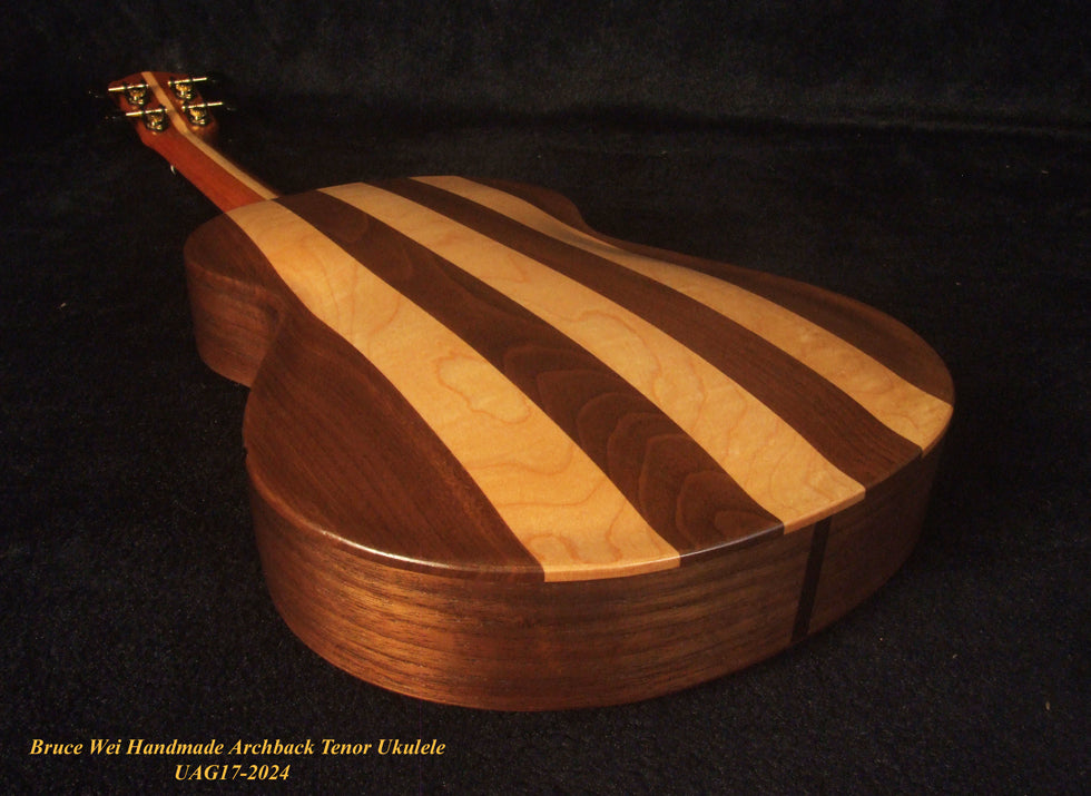 Handmade Solid Curly Hawaiian Koa Tenor Ukulele, Maple & Walnut Arch-Back, Abalone Inlay, Bruce Wei UAG17-2024-1