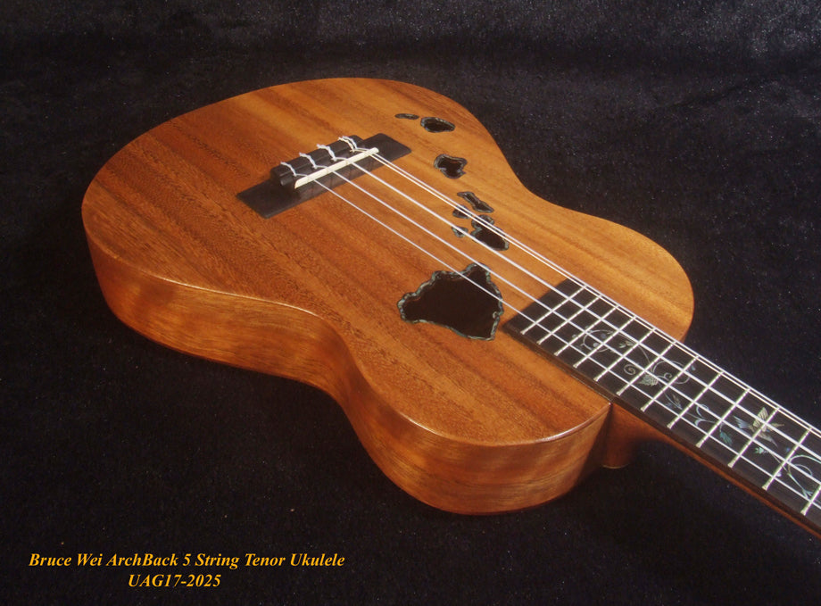 Handcrafted 5 String Tenor Ukulele, Solid Acacia, Carved Archback, The Islands Soundhole, Vine Inlay, Soft-bag, Bruce Wei UAG17-2025