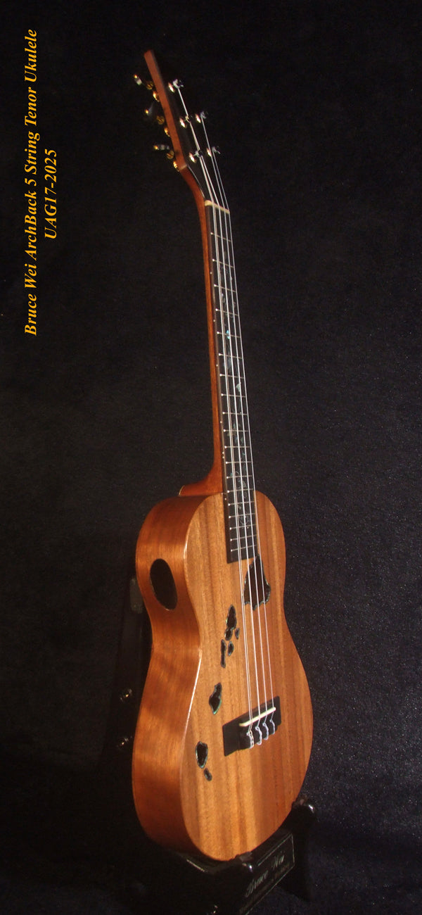 Handcrafted 5 String Tenor Ukulele, Solid Acacia, Carved Archback, The Islands Soundhole, Vine Inlay, Soft-bag, Bruce Wei UAG17-2025