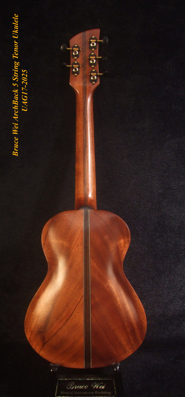 Handcrafted 5 String Tenor Ukulele, Solid Acacia, Carved Archback, The Islands Soundhole, Vine Inlay, Soft-bag, Bruce Wei UAG17-2025