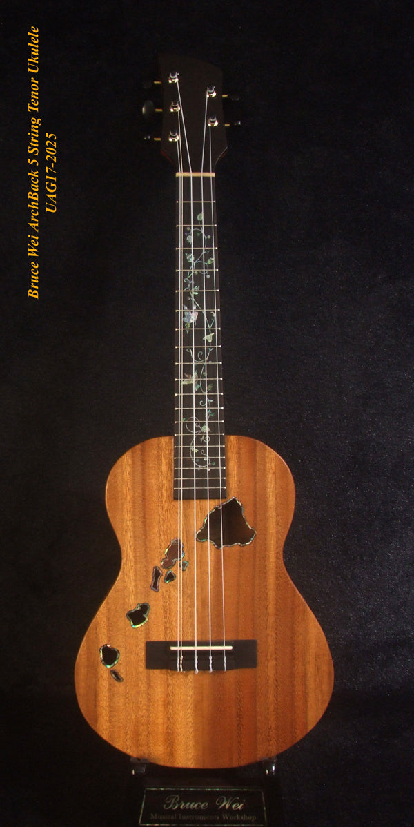 Handcrafted 5 String Tenor Ukulele, Solid Acacia, Carved Archback, The Islands Soundhole, Vine Inlay, Soft-bag, Bruce Wei UAG17-2025