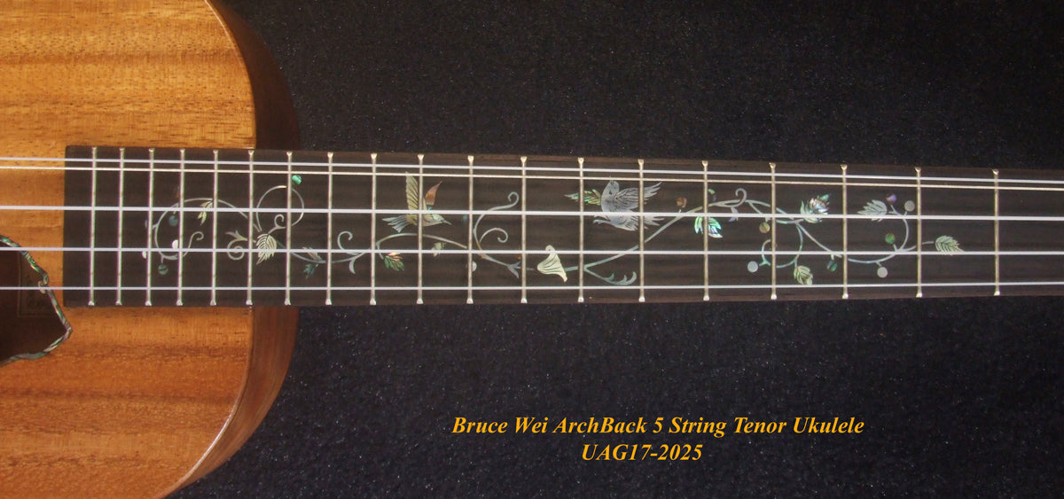 Handcrafted 5 String Tenor Ukulele, Solid Acacia, Carved Archback, The Islands Soundhole, Vine Inlay, Soft-bag, Bruce Wei UAG17-2025