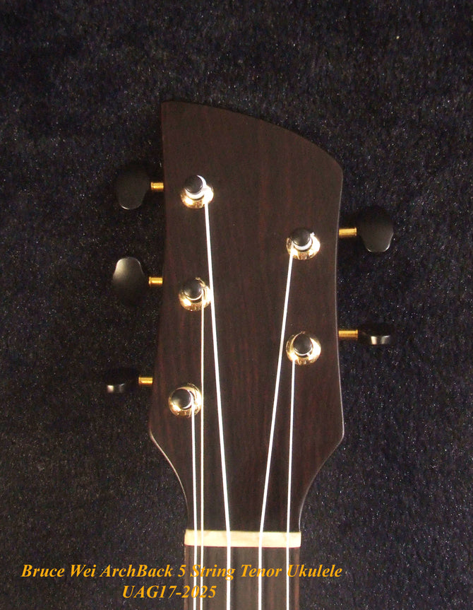 Handcrafted 5 String Tenor Ukulele, Solid Acacia, Carved Archback, The Islands Soundhole, Vine Inlay, Soft-bag, Bruce Wei UAG17-2025