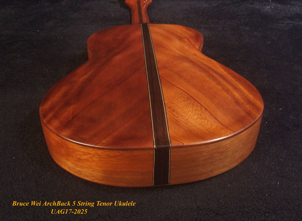 Handcrafted 5 String Tenor Ukulele, Solid Acacia, Carved Archback, The Islands Soundhole, Vine Inlay, Soft-bag, Bruce Wei UAG17-2025
