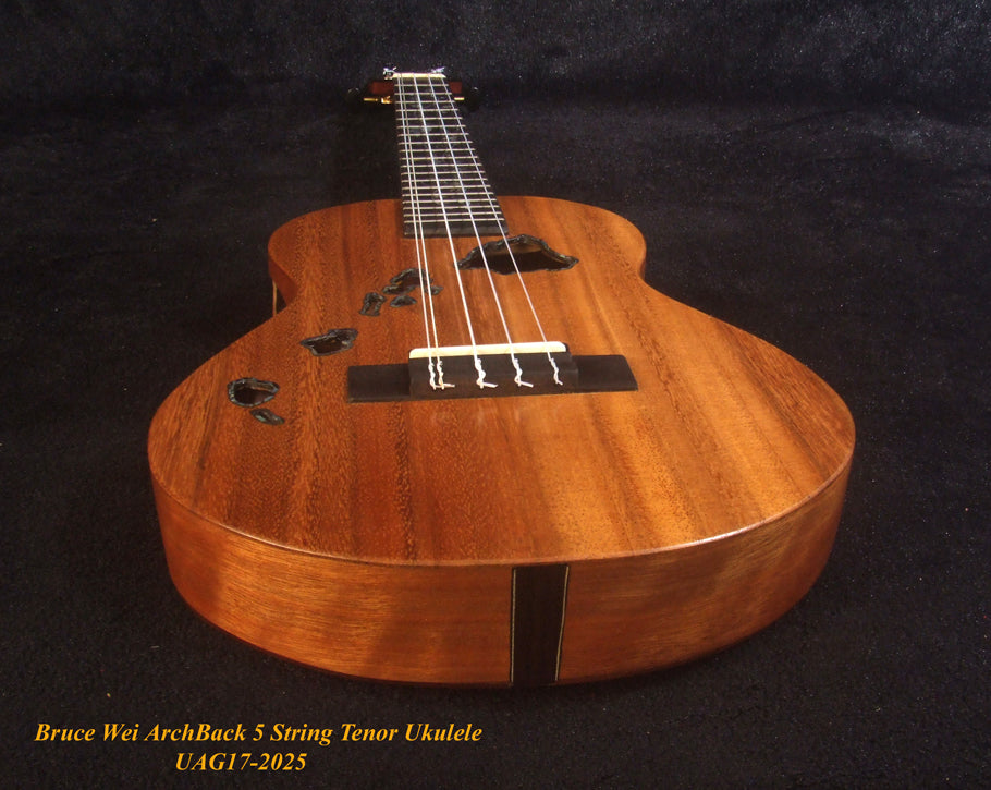Handcrafted 5 String Tenor Ukulele, Solid Acacia, Carved Archback, The Islands Soundhole, Vine Inlay, Soft-bag, Bruce Wei UAG17-2025