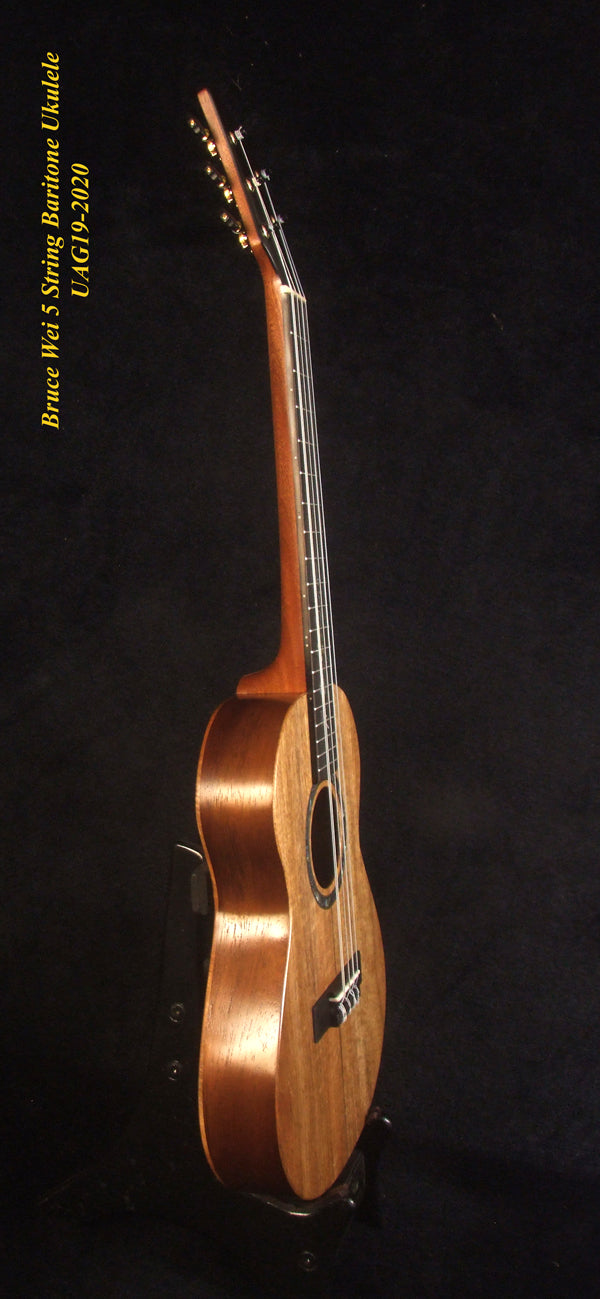Handcrafted 5 String ArchBack Baritone Ukulele, Solid Mango, Acacia, Walnut, Vine Inlay, Soft-bag, Bruce Wei UAG19-2020