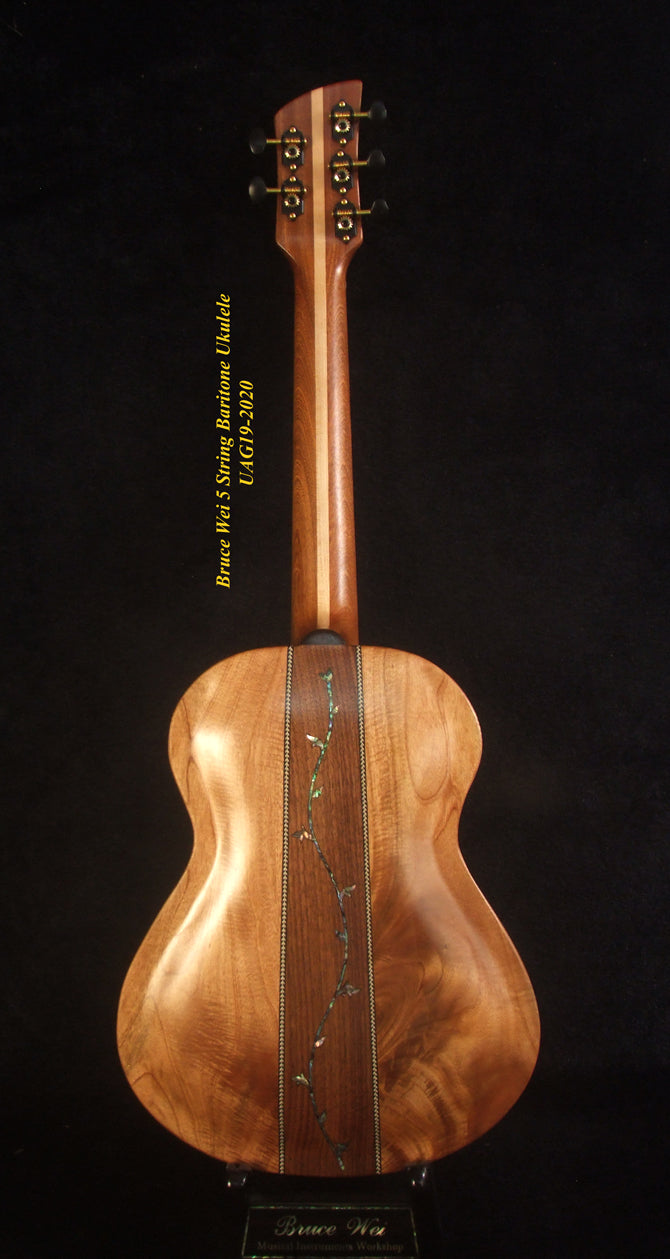 Handcrafted 5 String ArchBack Baritone Ukulele, Solid Mango, Acacia, Walnut, Vine Inlay, Soft-bag, Bruce Wei UAG19-2020