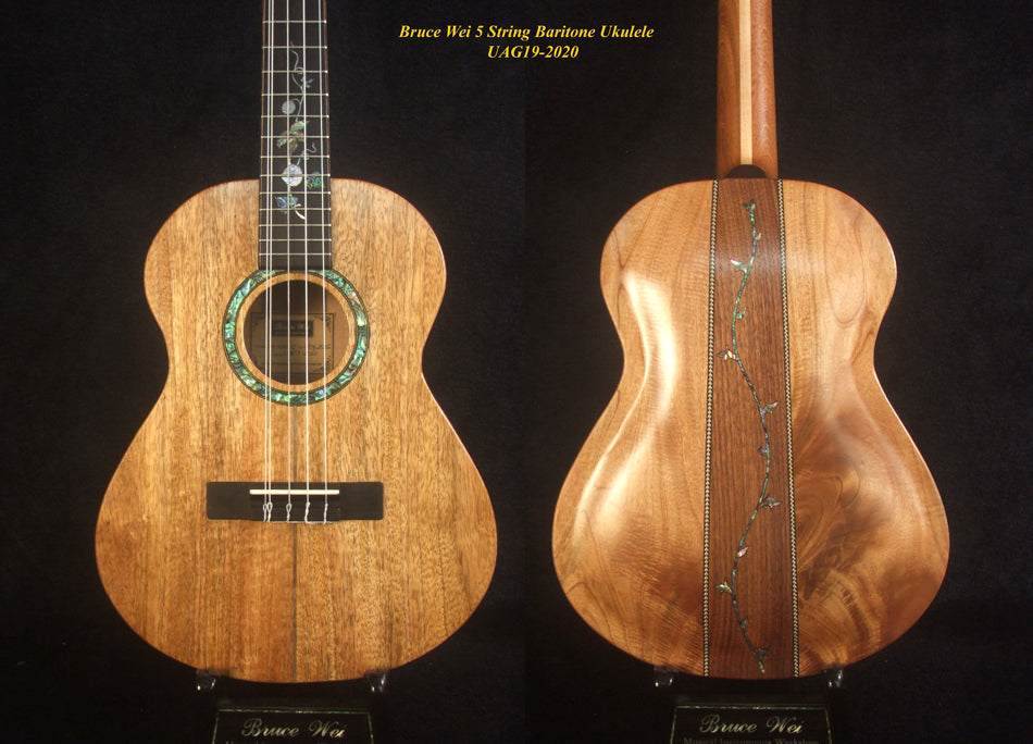 Handcrafted 5 String ArchBack Baritone Ukulele, Solid Mango, Acacia, Walnut, Vine Inlay, Soft-bag, Bruce Wei UAG19-2020