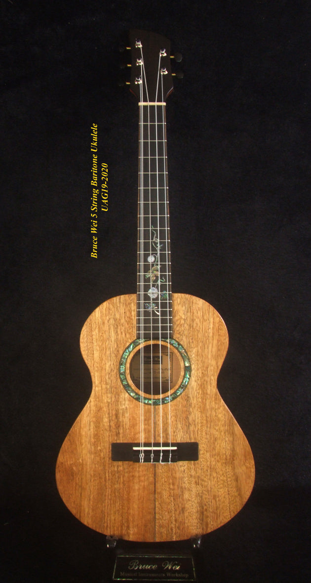 Handcrafted 5 String ArchBack Baritone Ukulele, Solid Mango, Acacia, Walnut, Vine Inlay, Soft-bag, Bruce Wei UAG19-2020