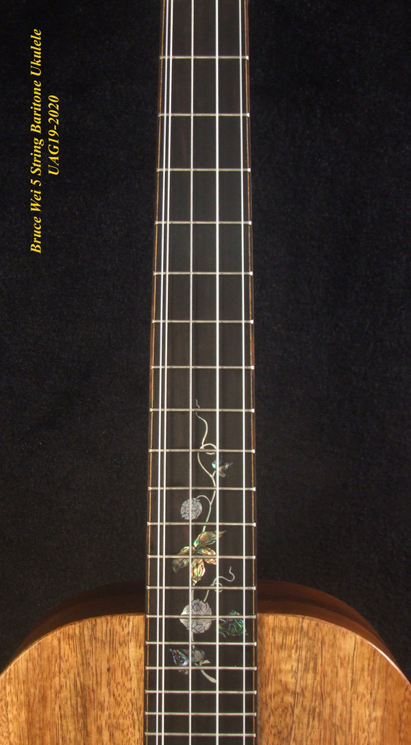 Handcrafted 5 String ArchBack Baritone Ukulele, Solid Mango, Acacia, Walnut, Vine Inlay, Soft-bag, Bruce Wei UAG19-2020
