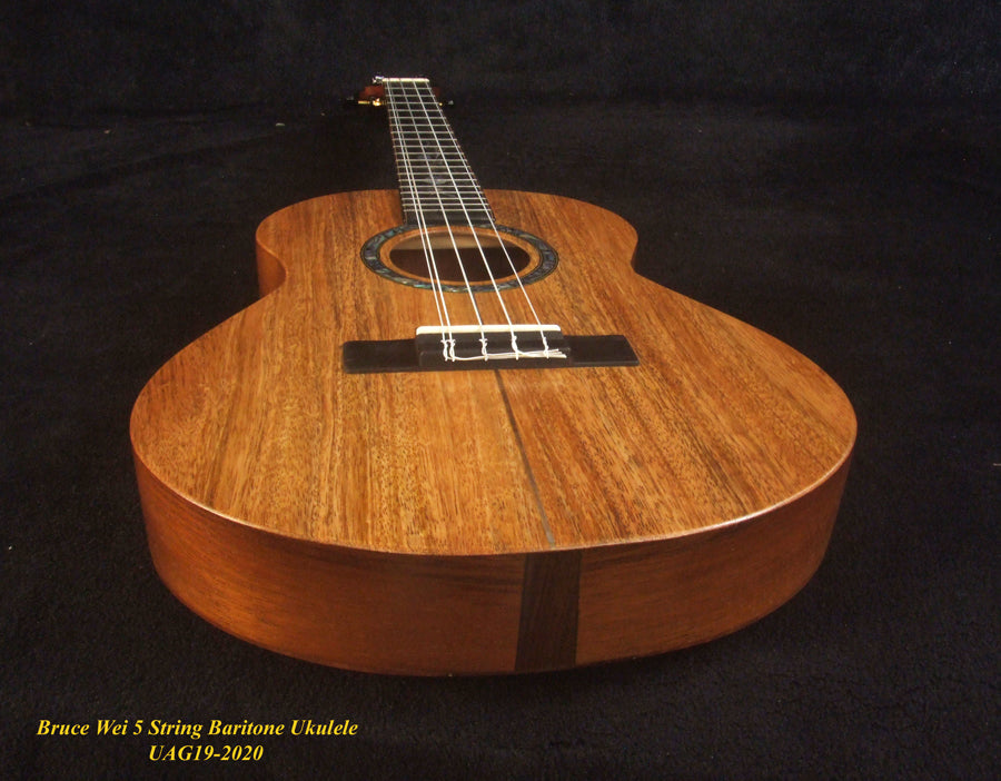 Handcrafted 5 String ArchBack Baritone Ukulele, Solid Mango, Acacia, Walnut, Vine Inlay, Soft-bag, Bruce Wei UAG19-2020