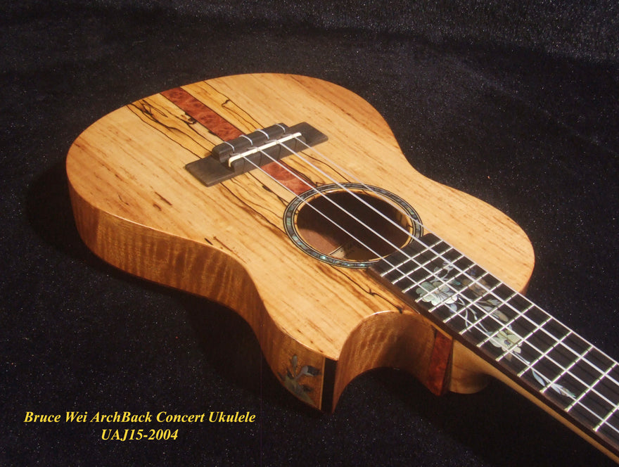 Handmade Solid Spalted Maple, Walnut Mahogany ArchBack Concert Ukulele, Koi Fish Inlay, Soft-bag, Bruce Wei UAJ15-2004