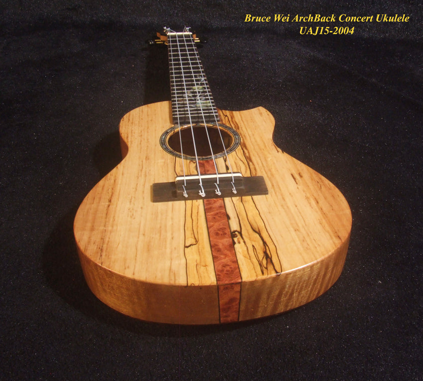 Handmade Solid Spalted Maple, Walnut Mahogany ArchBack Concert Ukulele, Koi Fish Inlay, Soft-bag, Bruce Wei UAJ15-2004
