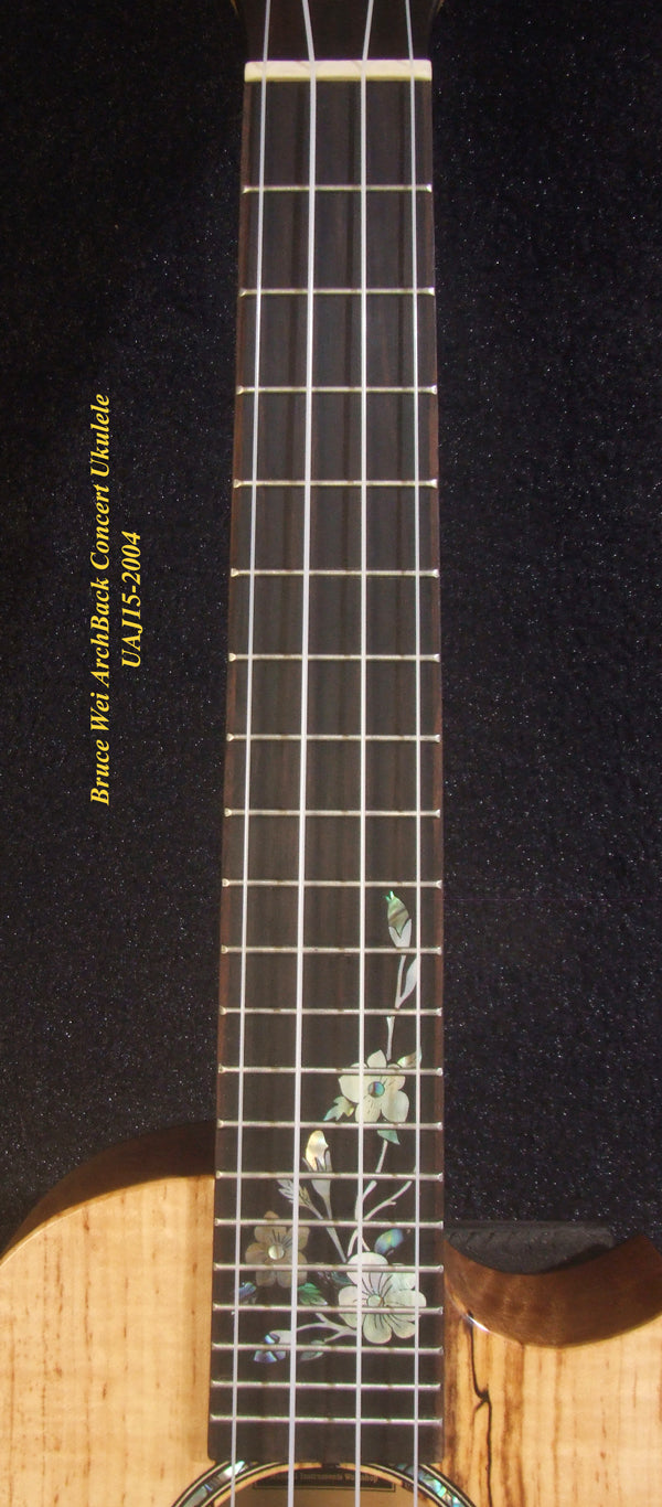 Handmade Solid Spalted Maple, Walnut Mahogany ArchBack Concert Ukulele, Koi Fish Inlay, Soft-bag, Bruce Wei UAJ15-2004