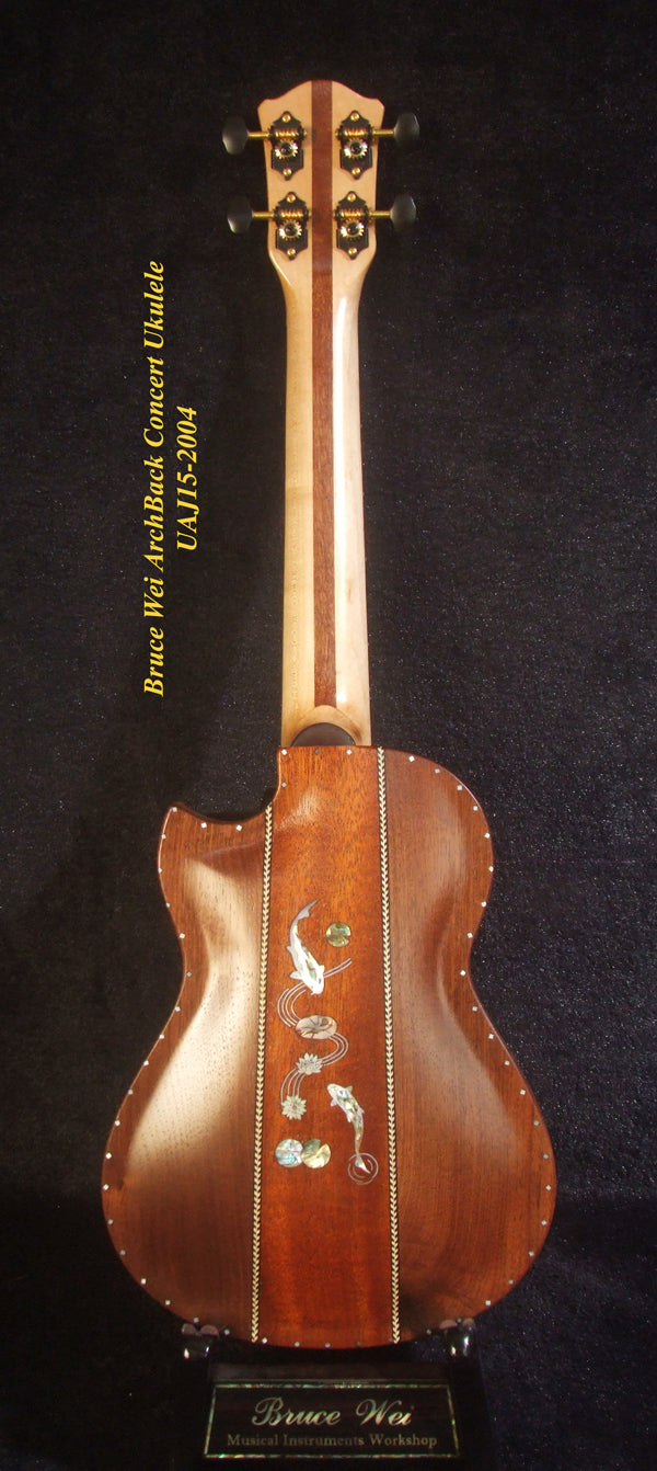Handmade Solid Spalted Maple, Walnut Mahogany ArchBack Concert Ukulele, Koi Fish Inlay, Soft-bag, Bruce Wei UAJ15-2004